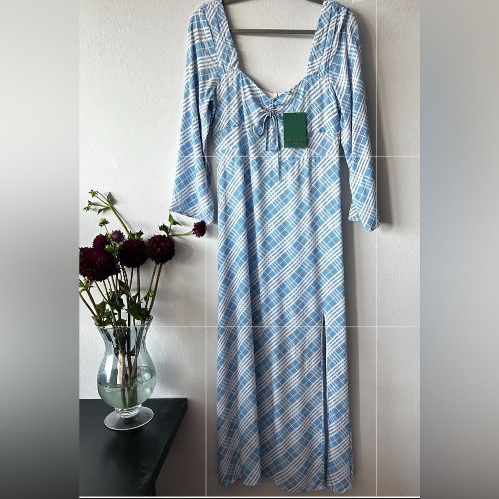 RIXO Giselle Light Blue and White Checkered Midi Dress